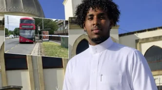 Retrato de Haruun Hassan junto a una fotografía del autobús donde ocurrió el ataque mortal en Hounslow, Londres.