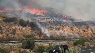Un vehículo circula por una carretera cercana a un incendio forestal activo en el sur de España.