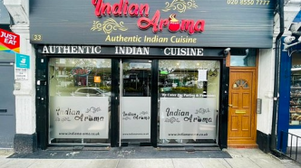 Fachada del restaurante Indian Aroma en Gants Hill, escenario del ataque.