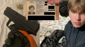 Composición fotográfica que muestra el pasaporte noruego, armas incautadas y al joven Johannes Kongsnes Natland.