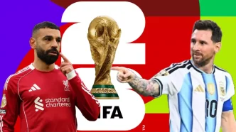 Gráfico con las figuras Lionel Messi y Mohamed Salah junto al trofeo de la Copa del Mundo de la FIFA 2026.