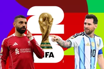 Gráfico con las figuras Lionel Messi y Mohamed Salah junto al trofeo de la Copa del Mundo de la FIFA 2026.