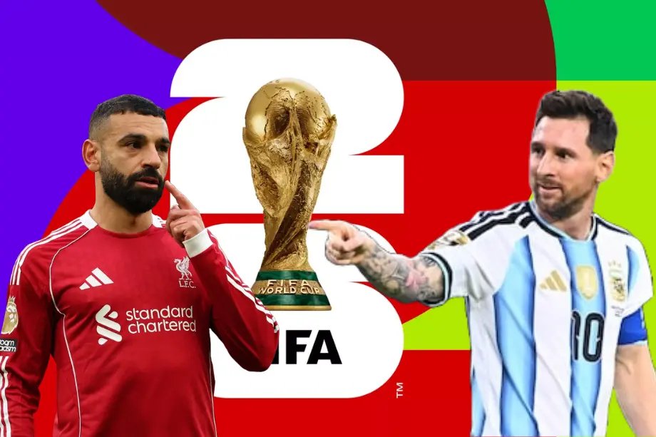 Gráfico con las figuras Lionel Messi y Mohamed Salah junto al trofeo de la Copa del Mundo de la FIFA 2026.