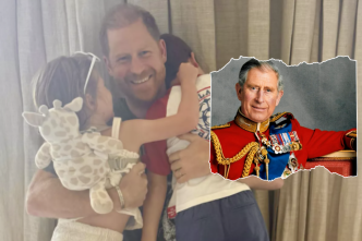 Composición del príncipe Harry junto a sus hijos y el retrato del rey Carlos III.