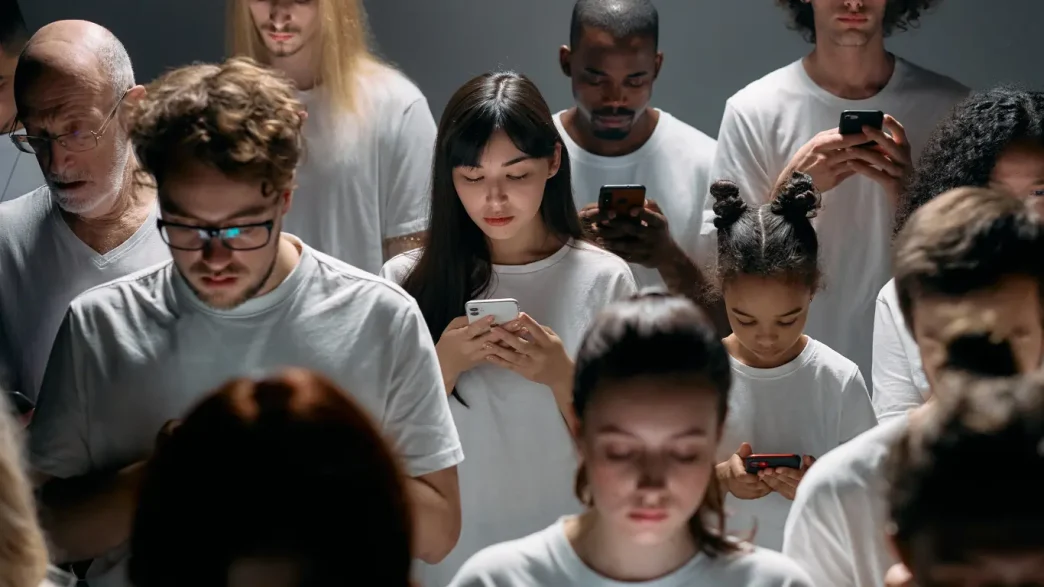 Personas de diversas edades utilizando sus teléfonos móviles en un espacio público.