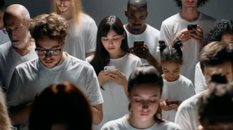 Personas de diversas edades utilizando sus teléfonos móviles en un espacio público.
