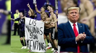 Jugadores de la Selección Argentina sosteniendo la pancarta sobre las Malvinas junto a una imagen de Donald Trump.