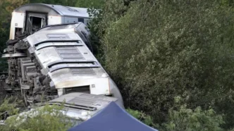 Vagones de un tren descarrilados y volcados entre la vegetación en East Sussex