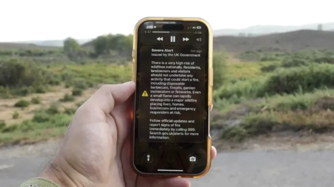 Pantalla de un teléfono móvil que muestra una alerta de emergencia del Gobierno del Reino Unido sobre incendios forestales