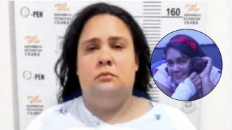 Fotografía policial de Amanda Maria Souza de Oliveira junto a un inserto circular donde se disfraza de menor