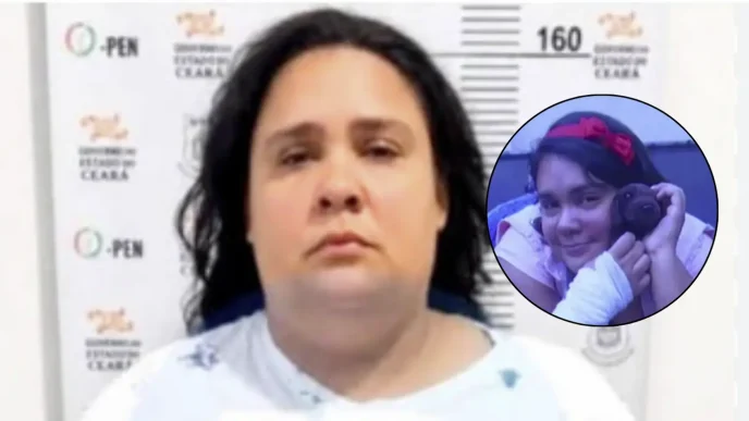 Fotografía policial de Amanda Maria Souza de Oliveira junto a un inserto circular donde se disfraza de menor
