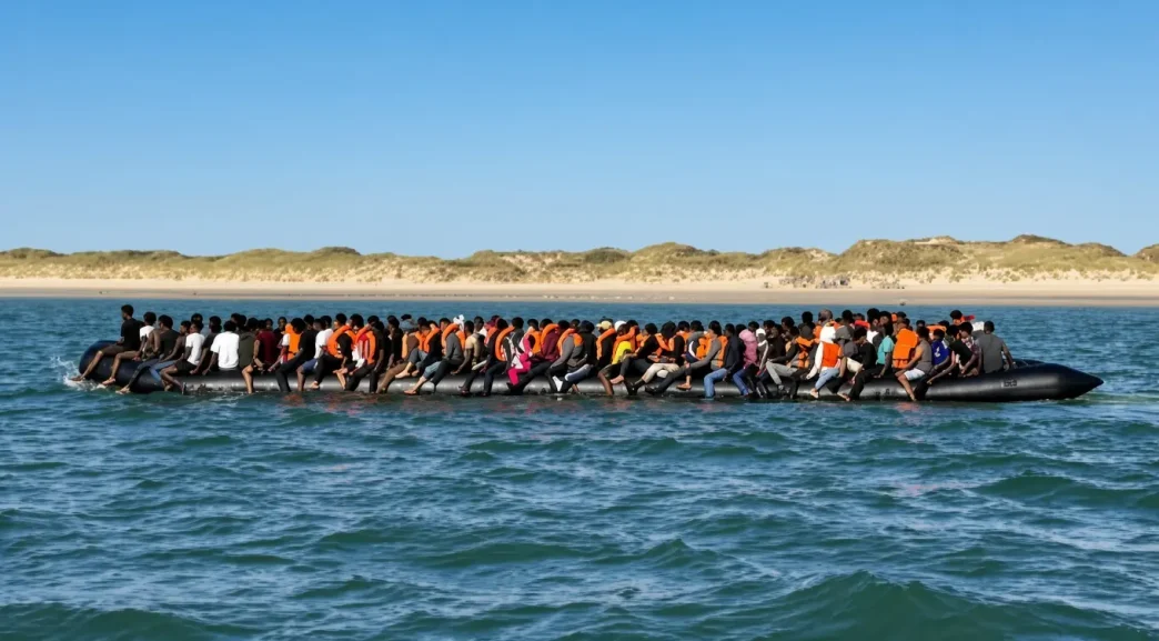 Lancha neumática gigante sobrecargada con decenas de migrantes navegando cerca de la costa