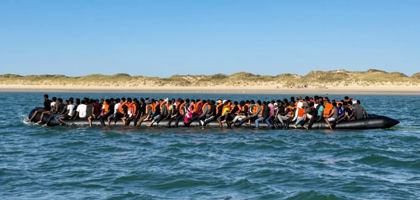 Lancha neumática gigante sobrecargada con decenas de migrantes navegando cerca de la costa