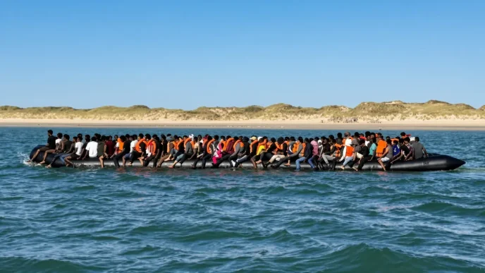 Lancha neumática gigante sobrecargada con decenas de migrantes navegando cerca de la costa