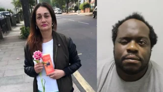 Fotografía combinada que muestra a la víctima Carmenza Valencia Trujillo con una flor y, al lado, un retrato policial de Simon Levy.
