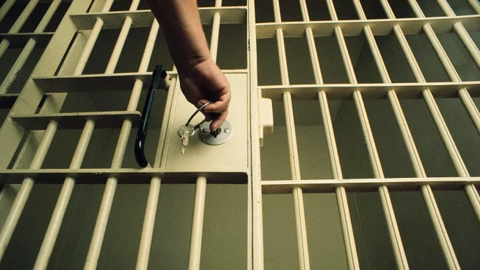 Mano abriendo la cerradura de unos barrotes de prisión con unas llaves