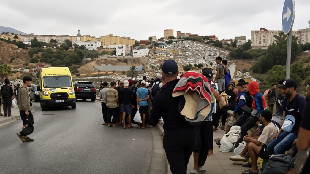 Grupo de migrantes y una ambulancia en una carretera tras la llegada masiva a Ceuta