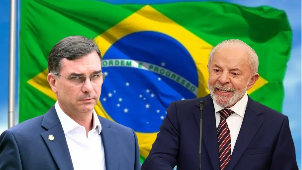 Retratos superpuestos de Flávio Bolsonaro y Luiz Inácio Lula da Silva con la bandera de Brasil de fondo.