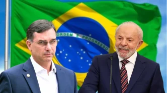 Retratos superpuestos de Flávio Bolsonaro y Luiz Inácio Lula da Silva con la bandera de Brasil de fondo.