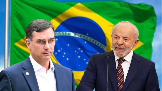 Retratos superpuestos de Flávio Bolsonaro y Luiz Inácio Lula da Silva con la bandera de Brasil de fondo.