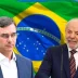 Retratos superpuestos de Flávio Bolsonaro y Luiz Inácio Lula da Silva con la bandera de Brasil de fondo.