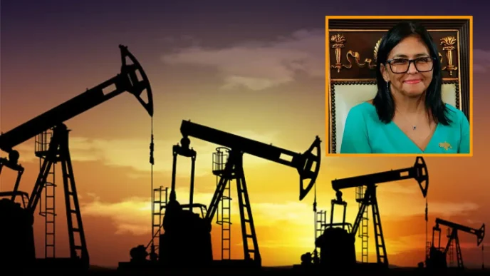 Balancines de extracción de petróleo en un campo petrolífero al atardecer junto a un recuadro con la imagen de Delcy Rodríguez