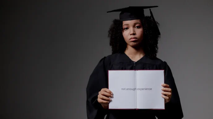 Joven graduada con birrete y toga sosteniendo un libro que muestra un mensaje sobre falta de experiencia