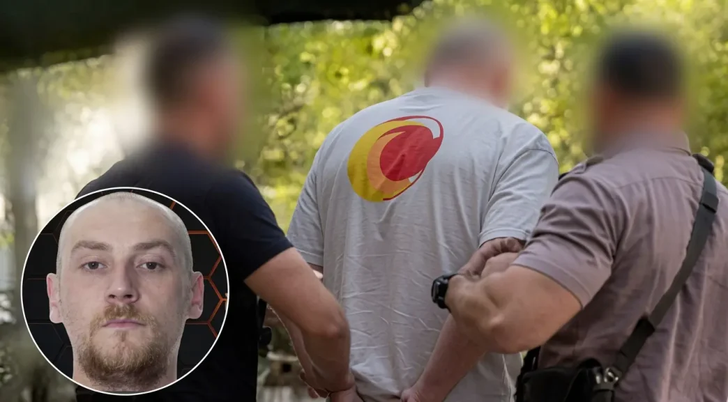 Imagen del operativo policial durante la detención de un prófugo británico en una calle de Madrid con un inserto de su rostro.