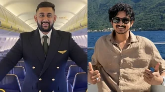 Fotografía compuesta de Dylan Patel con uniforme de piloto y Vamshi Mandala sonriendo al aire libre