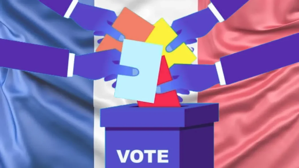 Manos introduciendo votos en una urna sobre la bandera de Francia, simbolizando el proceso electoral