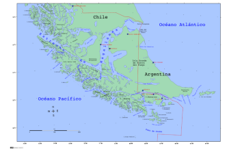 Mapa geográfico del Estrecho de Magallanes mostrando los límites territoriales entre Chile y Argentina