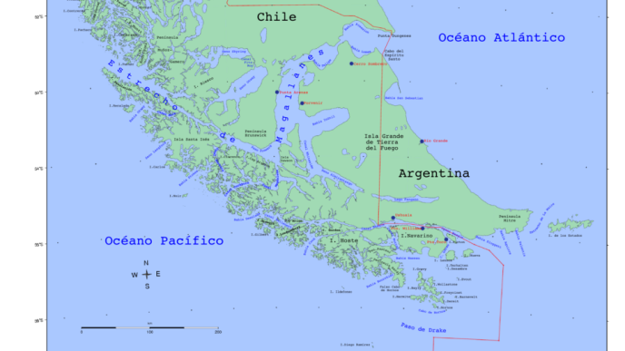 Mapa geográfico del Estrecho de Magallanes mostrando los límites territoriales entre Chile y Argentina