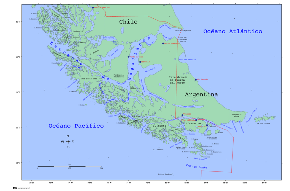 Mapa geográfico del Estrecho de Magallanes mostrando los límites territoriales entre Chile y Argentina