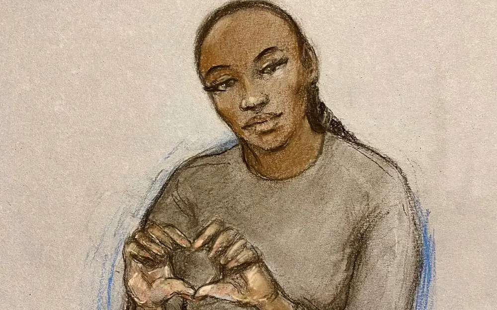 Boceto judicial de Gabrielle Carrington durante su comparecencia ante el tribunal.