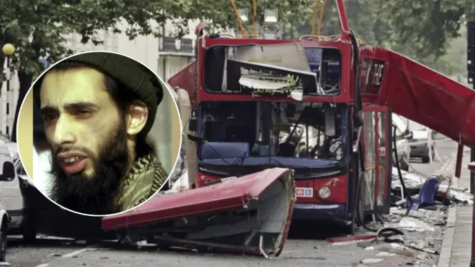 Retrato de Haroon Aswat superpuesto sobre los restos de un autobús destruido en los atentados de Londres