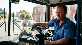 Conductor de autobús limpiándose el sudor en una cabina calurosa durante una ola de calor.
