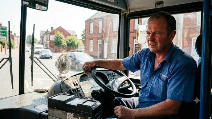 Conductor de autobús limpiándose el sudor en una cabina calurosa durante una ola de calor.