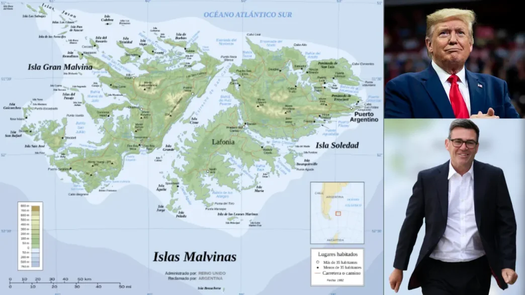 Mapa de las Islas Malvinas junto a las imágenes de Donald Trump y el primer ministro Keir Starmer