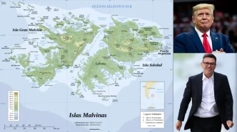 Mapa de las Islas Malvinas junto a las imágenes de Donald Trump y el primer ministro Keir Starmer