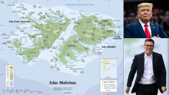 Mapa de las Islas Malvinas junto a las imágenes de Donald Trump y el primer ministro Keir Starmer