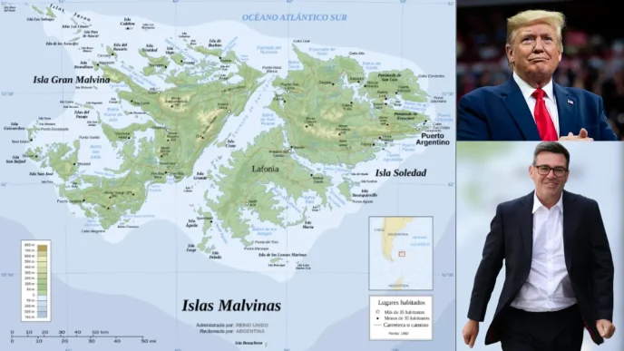 Mapa de las Islas Malvinas junto a las imágenes de Donald Trump y el primer ministro Keir Starmer