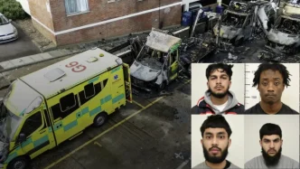 Ambulancias de Hatzalah calcinadas tras el ataque incendiario junto a los rostros de los acusados