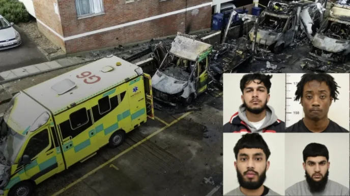 Ambulancias de Hatzalah calcinadas tras el ataque incendiario junto a los rostros de los acusados
