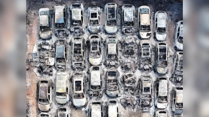 Vista aérea de decenas de coches quemados y completamente destruidos tras el devastador incendio en el aparcamiento