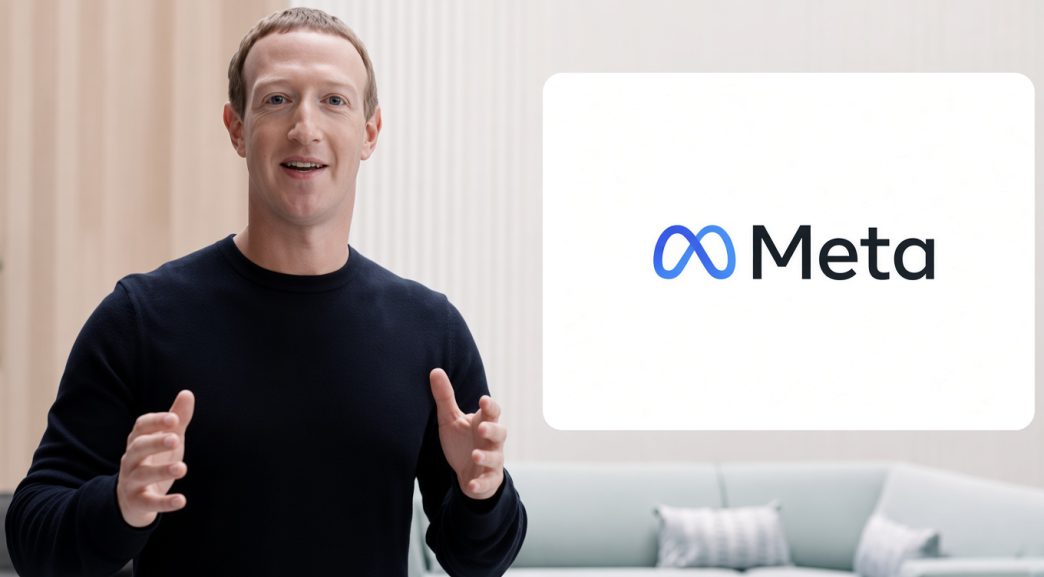 Mark Zuckerberg hablando junto al logotipo corporativo de Meta