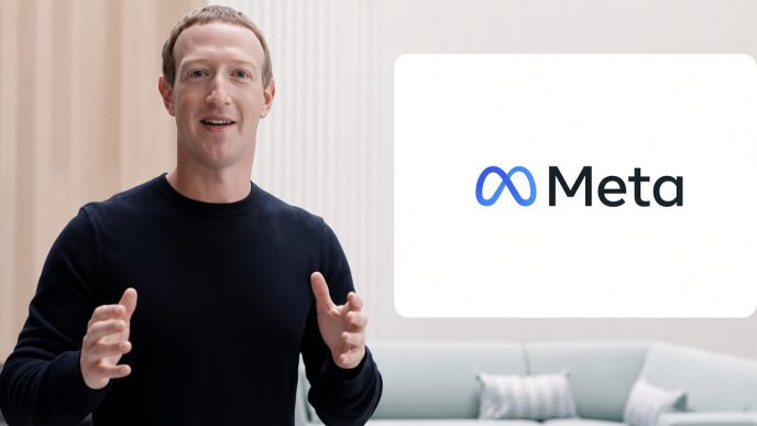Mark Zuckerberg hablando junto al logotipo corporativo de Meta