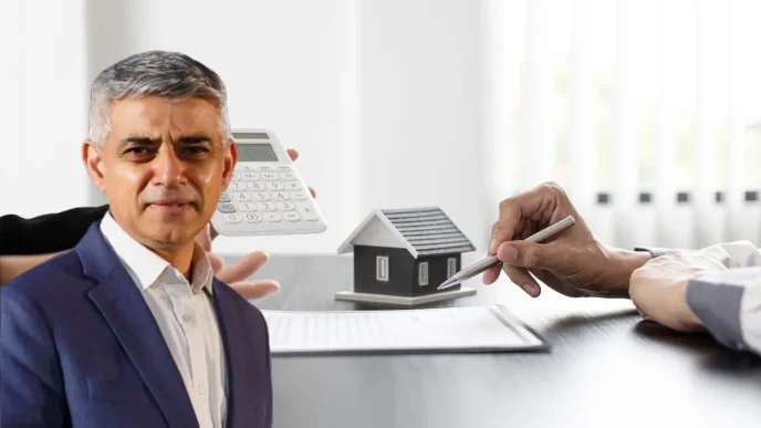 Fotomontaje del alcalde de Londres Sadiq Khan junto a una maqueta de casa y documentos financieros