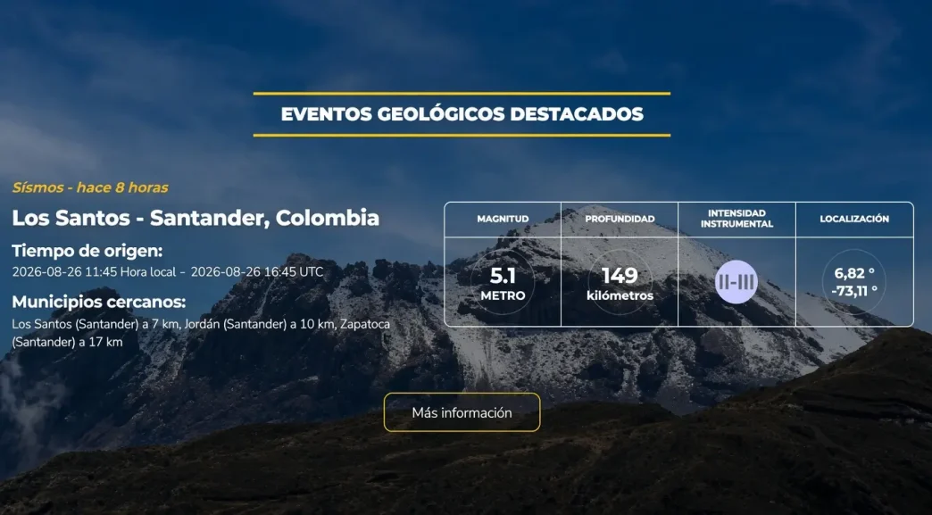 Reporte oficial del Servicio Geológico sobre el sismo de magnitud 5,1 en Los Santos, Santander