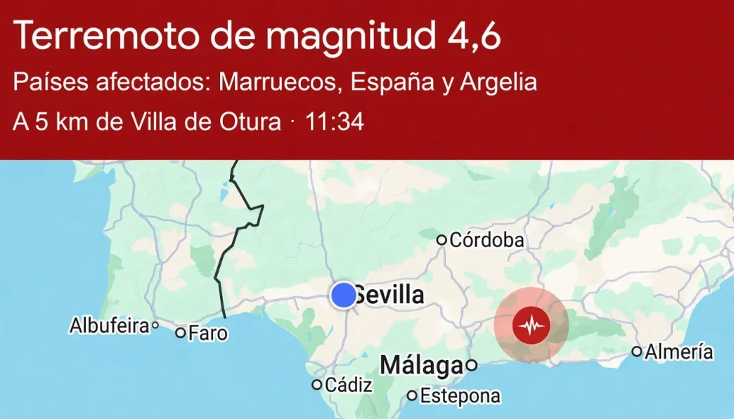 Mapa de localización del servicio geológico que muestra la actividad sísmica en la zona de Granada y Andalucía.