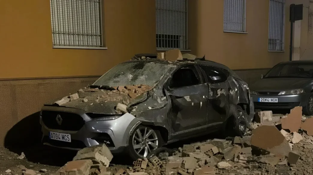 Vehículo dañado por la caída de escombros y ladrillos tras el terremoto en Granada